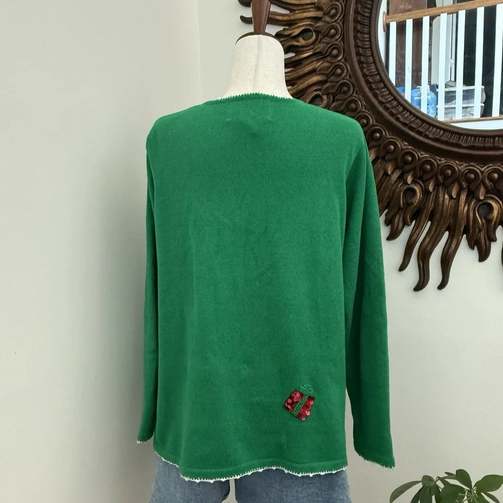 Quacker Factory Christmas Sweater M Green Sequin Santa Cardigan Beaded Vintage F